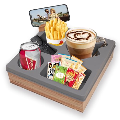 Uandhome Couch Cup Holder Tray,Handy Silicone Bamboo Couch Caddy with Rotatable Phone Holder for Bed Car Seat Organizer, Waterproof Anti-Spill Sofa Cup Holder for Snacks Beverage Remote(Grey)