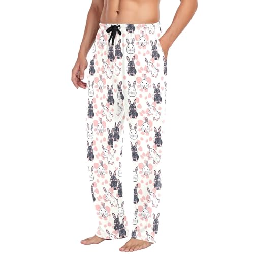Men's Pink Bunny Pattern Pajama Pants with Pockets - Straight Fit Cotton Sleep Bottoms for Lounge & Nightwear#8504