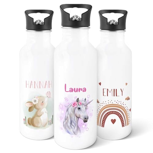 GRAVURZEILE - Bedruckte Trinkflasche aus Edelstahl - Einhorn - Personalisiert mit Namen - 600 ml - Auslaufsicher mit klappbarem Mundstück und integriertem Trinkhalm