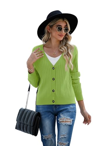 Image of Women's Green Classic Dressy Stirped Cardigan with V Neck Button Sweaters Crew Neck Lady Lightweight Jacket 2024 Fall Winter Size S