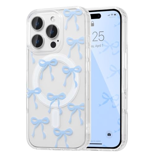 UEEBAI Magnetic for iPhone 12 Pro Max Case, Bow Case Compatible with MagSafe, Wireless Slim Clear Ribbon Aesthetic Phone Cover Anti-Yellowing Shockproof Protective Cover for Women Girl - Baby Blue by UEEBAI - Used condition - CA$4.91