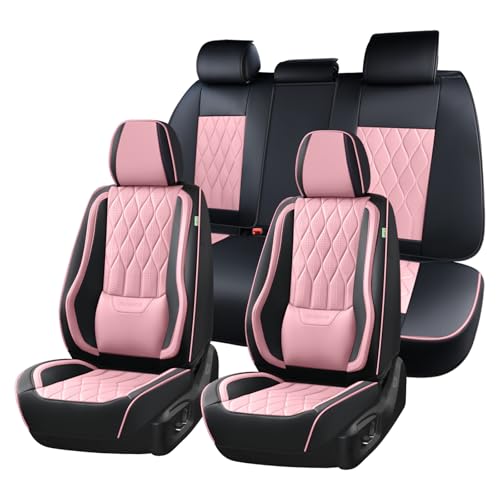 Image of FLORICH Seat Covers Full Set Leather Pink Seat Covers for Cars Front and Rear 5 Seats Waterproof Vehicle Seat Cover with Lumbar Support Universal Fit for Most Cars Sedans Trucks SUV, Black&Pink