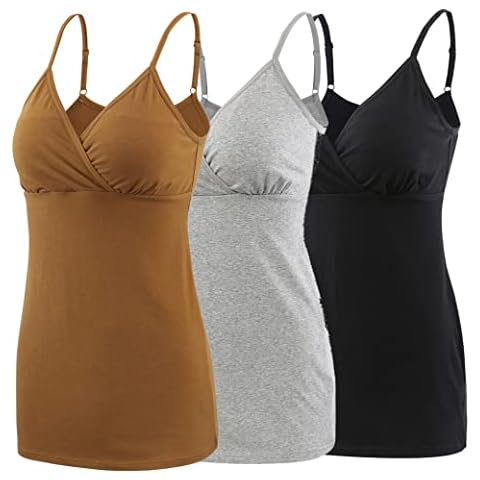 COLOMI Still-Tanktops für Mutterschaft Unterhemden für Schwangere BH zum Stillen Basic Camisole (L,Black+Grey+Olive/3Pack) Cover