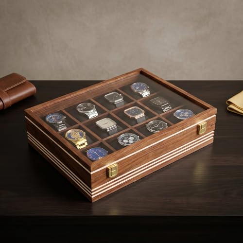 Image of Wooden Watch Box, Storage Organizer, Watch Display Case, Jewelry Holder, Gift for Men & Women - Rosewood Crafted, 3-12 Slots, Handmade Cushions (Twelve Slots)