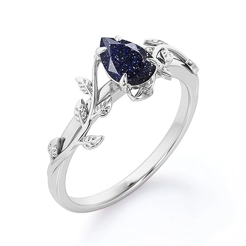 Blue Sandstone Ring for Women, Solid 10K/14K/18K Gold Galaxy Blue Sandstone Promise Ring, Dainty Vintage Wedding Ring, Unique Engagement Ring with Free Engraving2