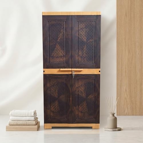 Image of Plastic Cabinet with Lockable Doors, 3 Shelves, Teakwood and AmberGold, Adjustable Shelves, Water Resistant