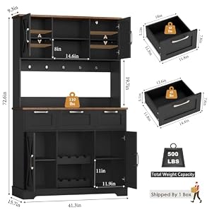 HIFIT 72 Large Kitchen Pantry Storage Cabinet with Barn Doors Shelves Farmhouse Tall Kitchen Hutch Wood Bar Cabinet w3 Drawers Microwave Stand Cupboard Wine Rack for Kitchen Dining Room Black