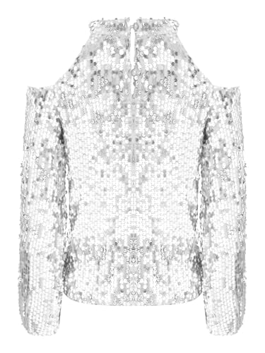 renvena Sequin Tops for Girls Long Sleeve Off Shoulder Sparkly Glitter Shirts Blouse for Party Disco2