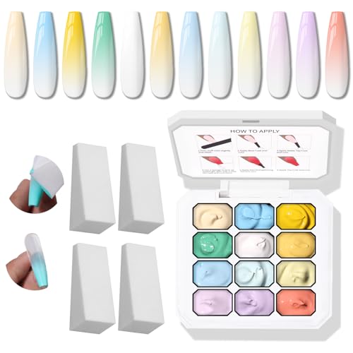 Karroy Sponge Pat Gel Nail Polish Palette 12 Colors Blending Ombre Gel Polish Gradient Painting Nails Art No Wipe UV/LED Cured (12 Colors A)
