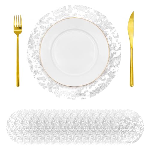 yuuzue 50 Pcs Disposable Silver Placemats 13 Inch Glitter Metallic Mesh Round Placemats Silver Foil Mesh Pressed Table Doilies Table Mats for Dining Table Wedding Birthday Party Holiday Decoration