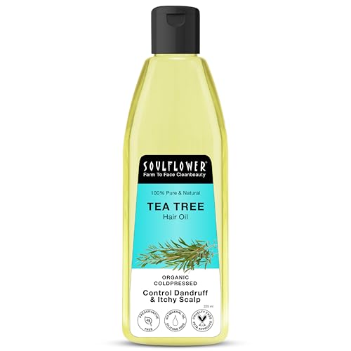 Soulflower Tea Tree Hair Oil | Hair Growth, Scalp Nourishment, Anti Dandruff | Pure, Natural, & Cold Pressed | Tea Tree Essential Oil, Castor, Sesame, Olive & Jojoba Oil | 225ml