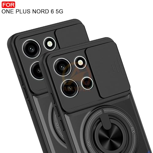 Image of OnePlus Nord 6 5G Back Cover | Armor Camera Slider 360 Degree Rotating Finger Ring Holder Case with Bracket Stand Back Case Cover (Compatible with MagSafe Accessories) (Black)