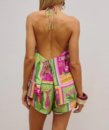 Image of ROAONOCOMO Women Tie Front Shorts Set V Neck Halter Cami Top Y2K 2 Piece Pj Set Graphic Summer Beach Lounge Outfit