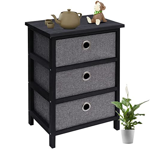 Nightstand With Drawers, Wooden Night Stand With 3 Fabric Drawer Dresser Modern Night Stand With Storage For Small Space Home Bedroom Office, Black&Grey #TOP22