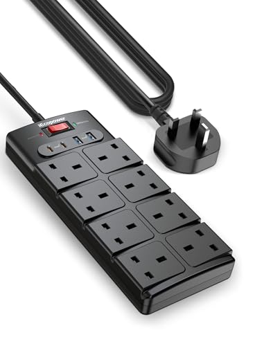 IECOPOWER Extension Lead with USB Slots 2 USB C Fast Charge Ports(PD20W) and 2 USB-A Ports(18W) Power Strip Surge Protector with 8 way plug extension Socket and 2M Extension cable Black