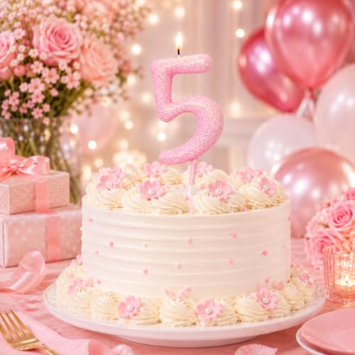 Image of Wanna Party Glitter Designer Pink Number 5 Birthday Candle, Numerical Cake Candle for 5th Birthday, Cake Cutting, Party Decoration & Celebration Supplies - 1PC