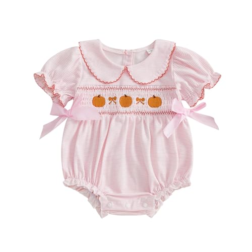 Adobabirl My First Halloween Baby Girl Outfit Pumpkin Embroidery Bubble Romper Short Sleeve Bow Jumpsuit Smocked Clothes (Pink 3-6 Months)