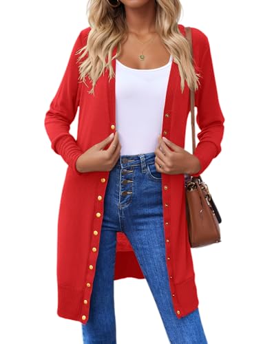 Halife Red Cardigan Sweaters for Women Long Lightweight Snap Button Down Sweater Ladies Casual Fall Clothes Cardigan S
