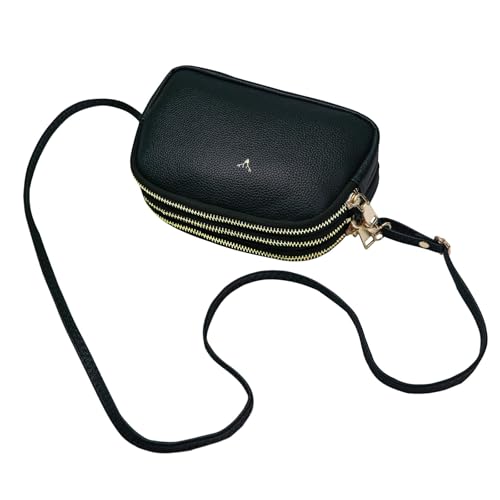 Bolsa Transversal Feminina em Couro Vegano, 3 Compartimentos com Zíper, Alça Ajustável (Preto)