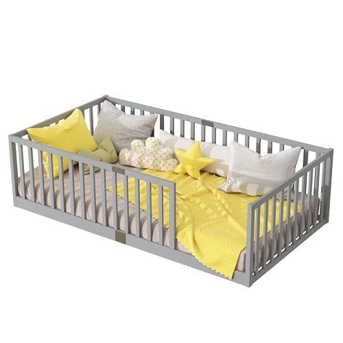 Image of Bellemave Twin Size Kids Montessori Floor Bed Frame with Slats,Solid Wood Floor Bed Frame with High Fence for Kids,Girls,Boys,Gray