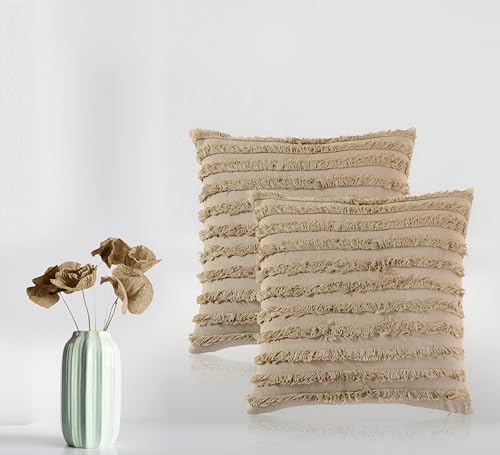 Image of mosey Boho Cushion Covers 20 inch x 20 inch Set of 2 | Pure Cotton 20x20 inch Cushion Cover 2020 | Soft Square Throw Pillow Cover 50 x 50cm for Sofa | Taupe