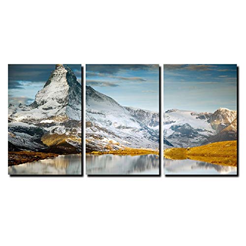 Tableau sur toile montagne enneigée triptyque moderne pour salon avec cadre
