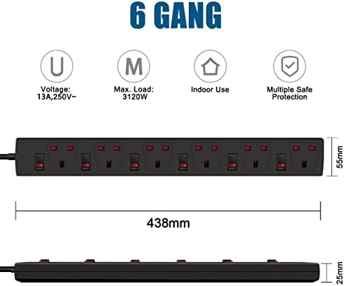 EXTRASTAR 6 Way Extension Lead 1M, 13A Fused Extension Socket with Individual Switch and Indicator Light, Wall Mounted Plug Extension Black for Home and Office