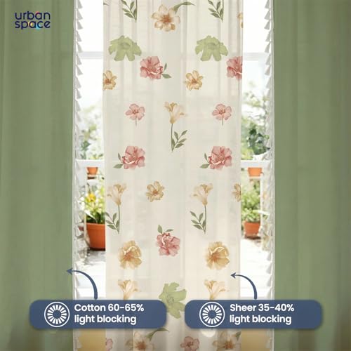 Image of Urban Space Printed 100% Cotton Curtain for Window, Cotton & Sheer Combo Set of 3 Curtains 5 Feet Long, Tieback & Eyelets Included with Curtains for Room Darkening (Mehek Sheer & Aura sage Green)