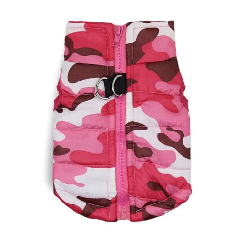 ISUPY かわいい 犬服 ジャケット ダウンベスト風 秋冬 ペット服 ドッグウェア パーカー 小型犬 中型犬 厚手 中綿コート 防寒 あたっか 着脱簡単 お散歩 寒さ対策 Dカン付き (S,ピンク(迷彩))