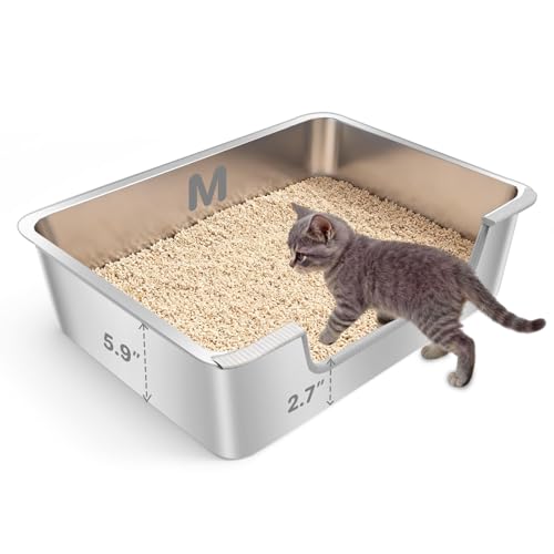 Ixaro Low Entry Litter Box for Senior or Disabled & Injured Cats Stainless Steel High Sided Enclosed Easy Step in Entry-Metal Kitty Litter Box for Kittens Odor Control (17.7x13.8x5.9)