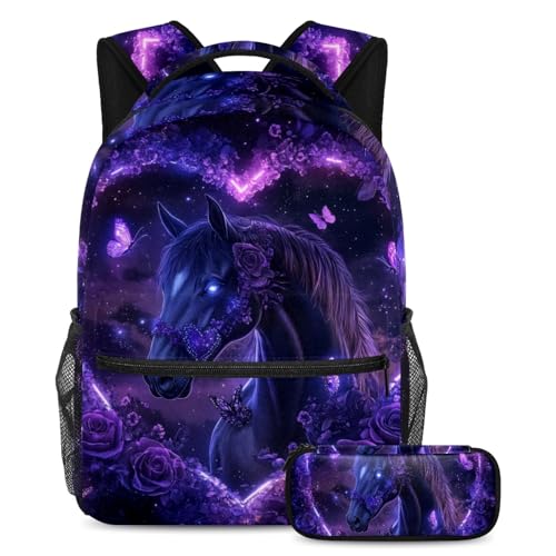 Sac d'école motif fleurs violettes avec trousse 2 pièces pour adolescents