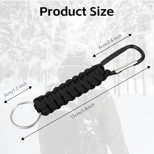 OFFCUP Paracord breloczek do kluczy, smycz na klucze z karabińczykiem, karabińczyk, pierścień D, wielofunkcyjny, wisiorek Paracord, pleciona smycz na kemping, wędrówki, podróże z plecakiem, czarny +