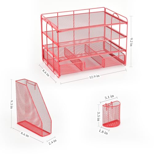 gianotter Paper Letter Tray Organizer with File Holder, 4-Tier Desk Accessories & Workspace Organizers with Drawer and 2 Pen Holder, Desk Organizers and Accessories for Office Supplies (Red)
