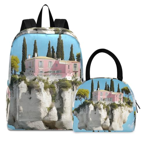 Floating House Print Backpack Set with Lunch Bag, Large Capacity Travel Backpacks and Lunch Box Insulated for Commute Hiking Picnic