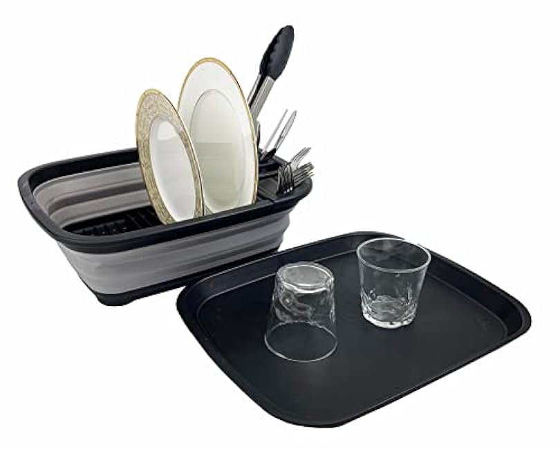 SAMMART 8L (2.11Gallons) Collapsible Plastic Dish Drainer with Drainer Board - Foldable Drying Rack Set - Portable Dinnerware Organizer - Space Saving Kitchen Utensil Storage Tray (Black/Alloy Grey)