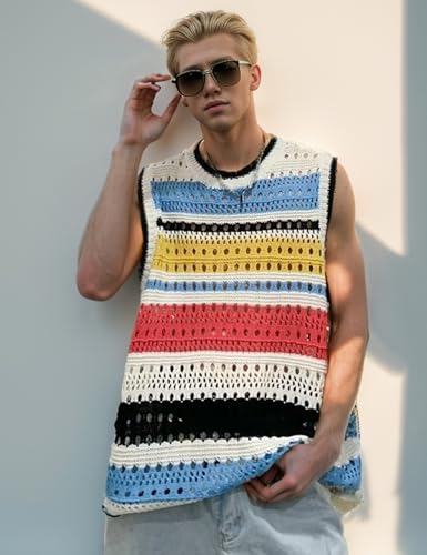Arssm Mens Crochet Sweater Vest Color Block Knit Vest Sleeveless Crewneck Blouses Tops Hollow Out Tank Top3