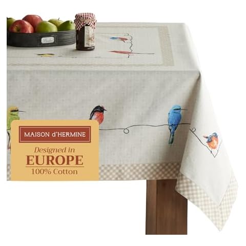 Maison d' Hermine Tablecloth 100% Cotton 60"x90" Washable Rectangle Table Cover Decorative Tablecloths for Dining, Buffet Parties & Camping, Birdies On Wire - Spring/Summer Cover