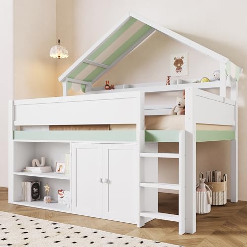 Image of Full Size House Loft Bed with Canopy Roof and Storage, Perfect for Kids' Bedroom, Sleepovers & Organized Living (White+Green)