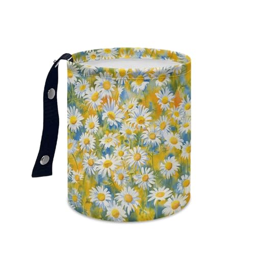 Image of White Daisy Car Garbage Trash Can Foldable Waste Basket Container Bag Bin Portable Cup Holder Organizer with Strap Universal Car Interior Accessories for Fit Most Cars, SUVs, Trucks