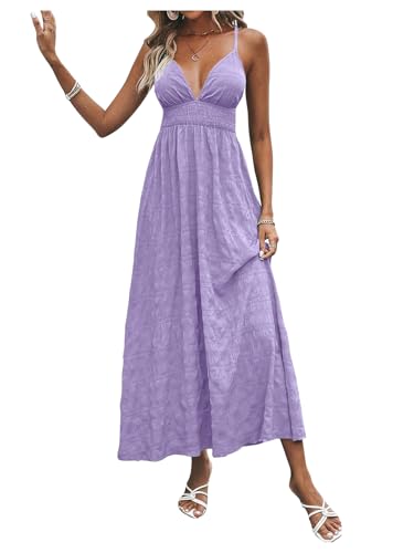 Image of Milumia Women's Summer V Neck Backless Maxi Dress Boho Spaghetti Strap A Line Flowy Beach Long Sundress