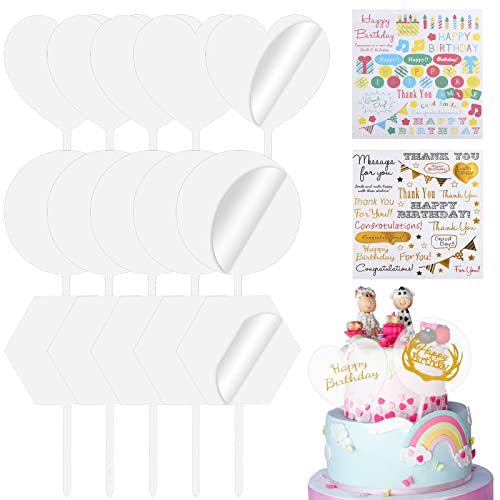 15 Pcs Acrílico Topper para Tarta, Toppers de Pastel Transparente, Toppers de Cupcake DIY Personalizado con Pegatina de Lema de Bendición, Acrílico Cake Topper Decoraciones para Tartas