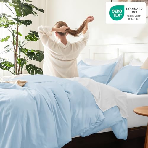 Image of Litanika Comforters Light Blue Queen Size, 3 Pieces Lightweight Solid Bedding Comforter Set, All Season Fluffy Bed Set (90x90In Comforter & 2 Pillowcases)