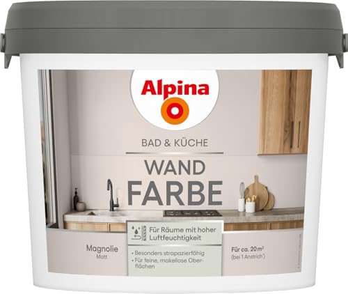 Alpina Bad & Küche Wandfarbe – matte Innenfarbe für Feuchträume, hohe Deckkraft & tropfgehemmt, streichfertige Wand- und Deckenfarbe für Bad & Küche – 2,5L (Magnolie)
