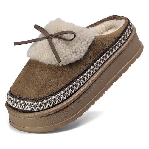 Mnking Zapatillas Casa Mujer Pantuflas Invierno Plataforma Espuma de Memoria Cálido Forro de Felpa Antideslizante Zapatos Interior y al Aire Libre con Lazo XZ8526-Camel-EU38/39