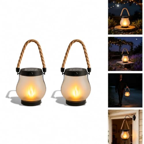 kaliqo Solar Lantern Outdoor Lights Realistic Dancing Flame Effect Solar Powered Lanterns for Camping 100% Waterproof Hemp Rope Flame for Patio Garden Decor (2 PCS)