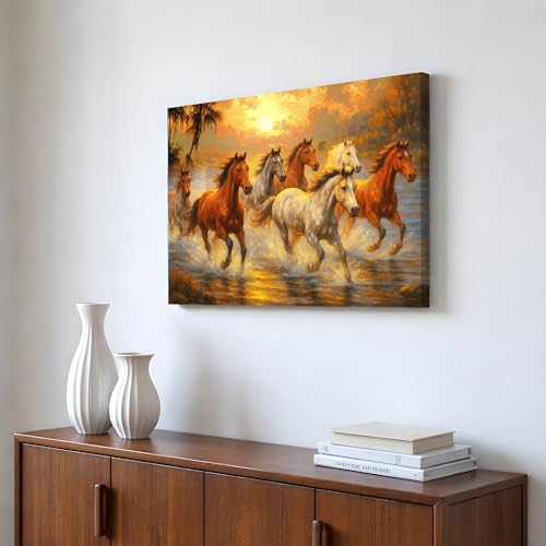 Image of 7 Running Horses Vastu Stretched Canvas Painting For Living Room Seven Horses Vastu Wall Art Painting Symbol of Success, Growth & Positive Energy Wall Art for Home & Office, 22x34 Inch