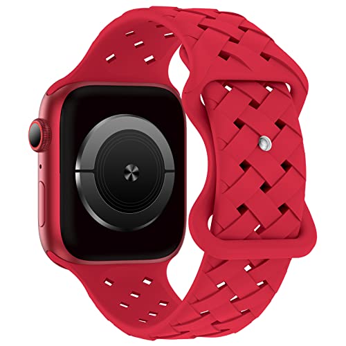 Image of Silicone Braided Weave Bands Compatible with Apple Watch 38mm 40mm 41mm 42mm 44mm 46mm 45mm 49mm, Replacement Sport Breathable Strap for iWatch Series 11 /10 /9 /8 /7 /6 /5 /4 /3 /2 /1 Ultra SE Women Men, Red