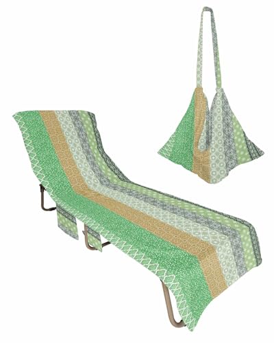 Green Boho Beach Chair Towel Covers for Chaise Lounge with Side Pocket, Soft Plush Pool Towels Cover for Patio Sunbathing Outdoor Brown Batik Geometric Striped Bohemian Southwest 29''x85''