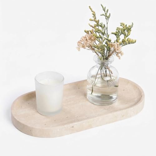 VEROBELL Beige Travertine Vanity Tray | Natural Stone Bathroom Organizer | Perfume & Jewelry Storage for Spa Bedroom Kitchen | Non-Slip Waterproof Design 9.8x4.7x0.6