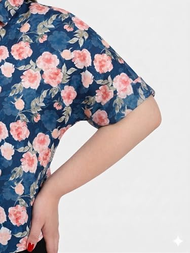 Image of SINDOORI Relaxed Fit Tops for Women Plus Size Solid Printed Mandarin Collar, Band Collar, V-Neck Top, Half Sleeve Loose Fit